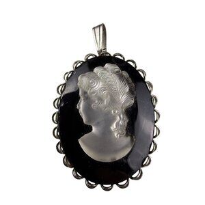 Vintage Unknown Womens Black Silver Tone Cameo Pendant Lady Profile Ornate Frame